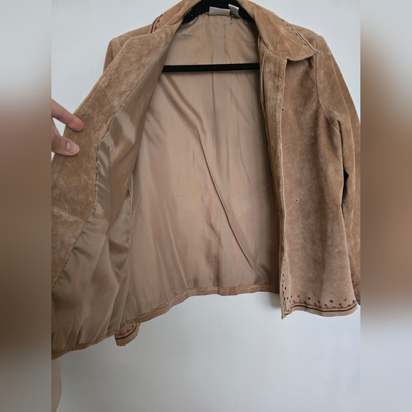 Chicos Women's Jacket Leather Open Front Collared W/ Lining Embroidery - Picture 8 of 9